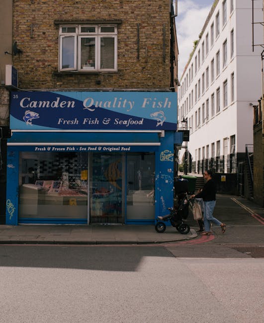 A street scene in Camden NW1 showing a brick building with large arched windows on the left, illuminated by daylight under a clear blue sky. In the foreground, pedestrians are walking along the paveme